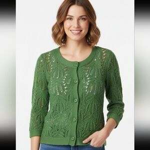 Style & Co Petite Cardigan Sweater Button Down Knit Crochet 3/4 Sleeve Green P